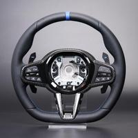 Volant en fibre de carbone pour BMW G20 G30 G05 G01 G22 G11 avec fonction de vibration chauffante ACC 5AU, entièrement en cuir, surpiqûres bleues M