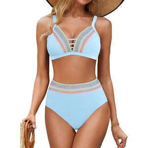 Women's High Waisted Bikini Set V Neck Two Piece <b>Tummy</b> <b>Control</b> Swimsuit Color Block Bathing Suit - Product Image 1