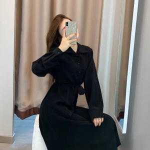 Black Shirt Dress Women Long Sleeve Turn Down Collar Solid Color Vintage Daily Wear A Line Mid Length Dress - Product Image 3