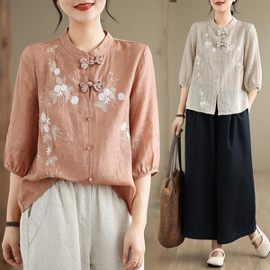 Chinese Style Stand Up Collar Shirt Women Blue Cotton Linen Three Quarter Sleeve Embroidered Blouse Everyday Wear - Product Image 4