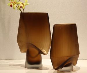 Premium Amber Brown Gradient Ribbed Glass Vase Set Artisanal Spherical Design Horizontal Stripes Art Deco Handmade <b>Table</b> - Product Image 6