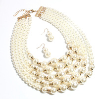 Parure de bijoux élégante en perles pour mariées, collier ras-du-cou et boucles d'oreilles en perles multicouches massives, style collier bib