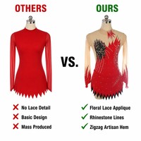 Robe de compétition de patinage artistique rouge et noire en dentelle et strass, manches longues, en Spandex/Nylon pour adultes