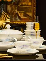 Service de table en porcelaine fine bleu et blanc, motif paysage, luxe pour la maison, les dîners, les mariages, cadeau de pendaison de crémaillère, compatible lave-vaisselle et résistant à la chaleur