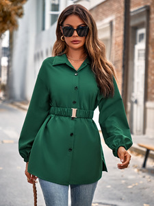 Vente en gros Mode Nouvelles Femmes Couleur Unie Col de Chemise Simple Boutonnage Ceinture Chemise Décontractée Veste à Manches Longues - Product Image 2