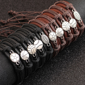 Leather Bracelet Sports <b>Ball</b> Charms Basketball <b>Baseball</b> Soccer Softball Vintage Unisex Jewelry Gift Accessory - Product Image 1