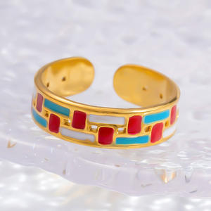 Fashion <b>Rings</b> Women's Open Design Colorful Enamel Gold Plated Party Jewelry Irregular Flower Pattern Stainless Steel <b>Ring</b> Set - Product Image 3