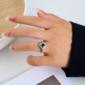 Vintage Style Rhombus Emerald <b>Open</b> <b>Ring</b> Micro Set Zircon Adjustable Women's <b>Ring</b> Party Jewelry - Product Image 2