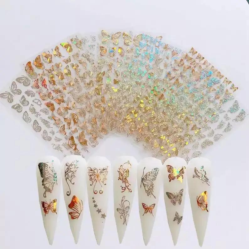 Vendita calda all'ingrosso a buon mercato Laser oro argento farfalla fogli adesivi designer Nail Wraps Art Stickers