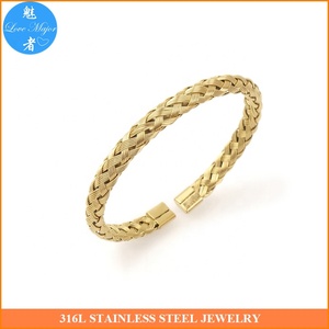 <span class=keywords><strong>Bracelet</strong></span> manchette en acier inoxydable tressé rond doré pour <span class=keywords><strong>homme</strong></span> et femme - Product Image 3