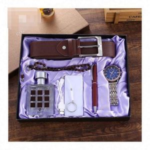 Coffret Cadeau Homme Édition Limitée : Montre en Acier Allié + Stylo + Collier + Ceinture + Parfum + Batterie Externe (6 pièces/ensemble) avec Cadran en Verre et Aiguilles en Cuir - Product Image 1