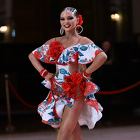 Vestido de Baile Latino Vennystyle, Personalizado con Pedrería Floral, Rojo, de una Pieza, Spandex/Algodón, Hecho a Medida para Competencia y Actuación de Salón