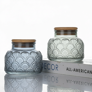 Blue Embossed Glass <b>Candle</b> Jar with Lid Decorative Heat Resistant Candlestick Holder for Wedding and <b>Valentines</b> Day Home Decor - Product Image 1