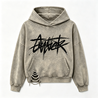 Hoodie Pria Sun Faded Graffiti Tag, Distressed Ripped Pocket, Katun Tebal, Pullover Acid Wash, Streetwear, Grosir