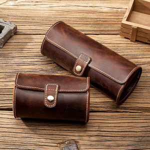 Vintage Genuine Leather <b>Watch</b> Roll <b>Case</b> 3 Slots Cylindrical Travel <b>Watch</b> Pouch Portable Storage Organizer Box Snap Button - Product Image 1