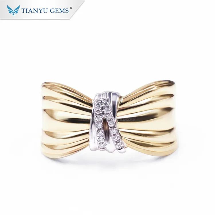 Tianyu 보석 럭셔리 옐로우 골드 보우 스타일 moissanite 다이아몬드 반지
