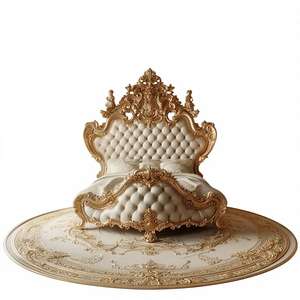 Cama Redonda de Madera con Botones Decorativos de Lujo, Diseño Clásico Grabado, Muebles de Dormitorio de Estilo Antiguo - Product Image 1