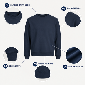 <b>Women's</b> Deep <b>Navy</b> Solid Crew Neck Sweatshirt Long Sleeve Ribbed Cuff Knitted Pullover - Product Image 1