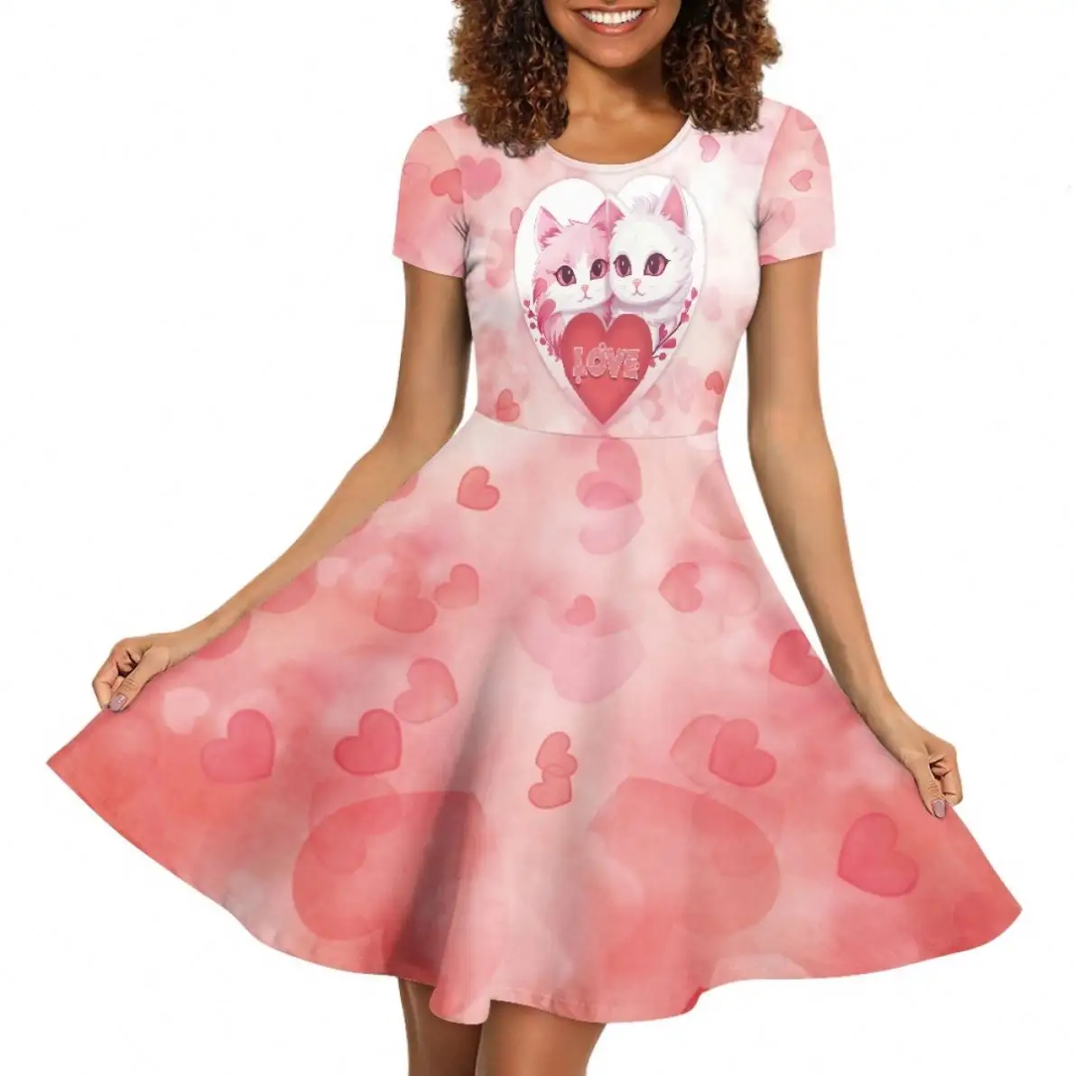 Valentine's Day Theme Women's Dress Print on Demand Custom O Neck Midi Dress Cute Cat Designs Short Sleeve Ladies Party Clothing
