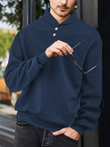 Suéter Masculino de Alta Qualidade com Gola Reversível em Malha Waffle, Pulôver com Botões, Gola Alta, Tecido Pesado, Roupas Streetwear para Homens - Product Image 2