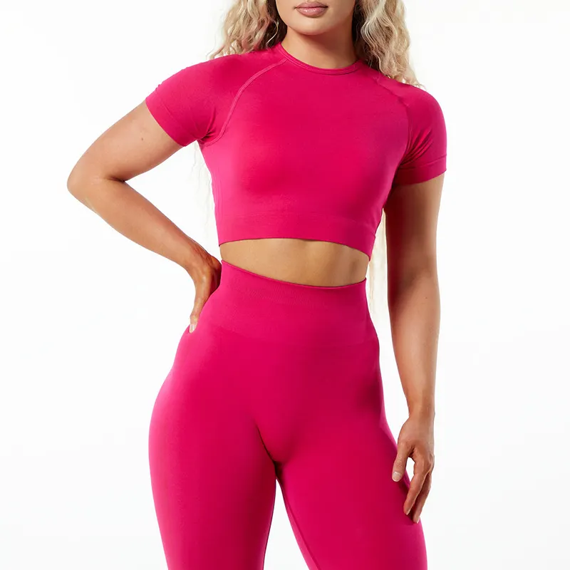 Betteractive Workout Gym Clothing Seamless Hot Pink Yoga Short Sleeves Tee Active Crop shirts