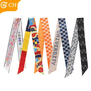 Hot Sale Personal Stylish Ribbon Scarves Digital Printing Italian Silk Bevel Scarf Custom Polyester Ribbon Scarf For Handbags