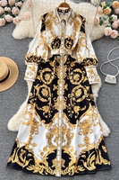 Vente chaude Vintage imprimé à manches longues robe trapèze femmes français enveloppé hanche sur le genou longue robe
