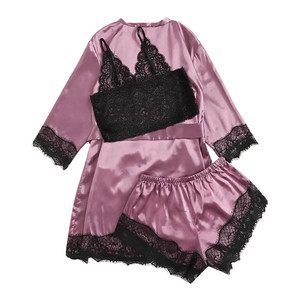 Conjunto de pijama de satén de verano para mujer, camisola de encaje de talla grande, pantalones cortos con lazo, ropa de dormir de poliéster R1471 - Product Image 1