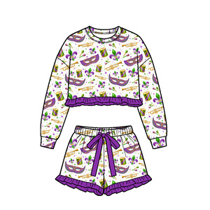 Précommande : Tenues décontractées imprimées avec masque Mardi Gras et shorts à volants pour petites filles, assorties pour sœurs, pour festivals et célébrations, vente en gros pour enfants - Product Image 6