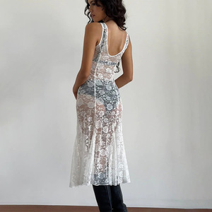 Vestido Largo de Encaje Transparente con Cuello en V para Mujer, Estampado Floral, Falda Larga Translúcida, Vestido de Noche - Product Image 2