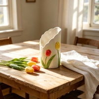 Vase en céramique blanche avec motif de tulipes 3D et bord festonné, vase à fleurs pour la décoration de la maison, vente en gros, cadeau en vrac