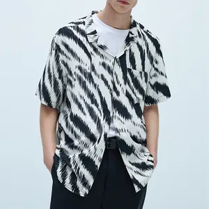 Custom Men's Vintage Zebra Print Lapel Short Sleeve Shirt