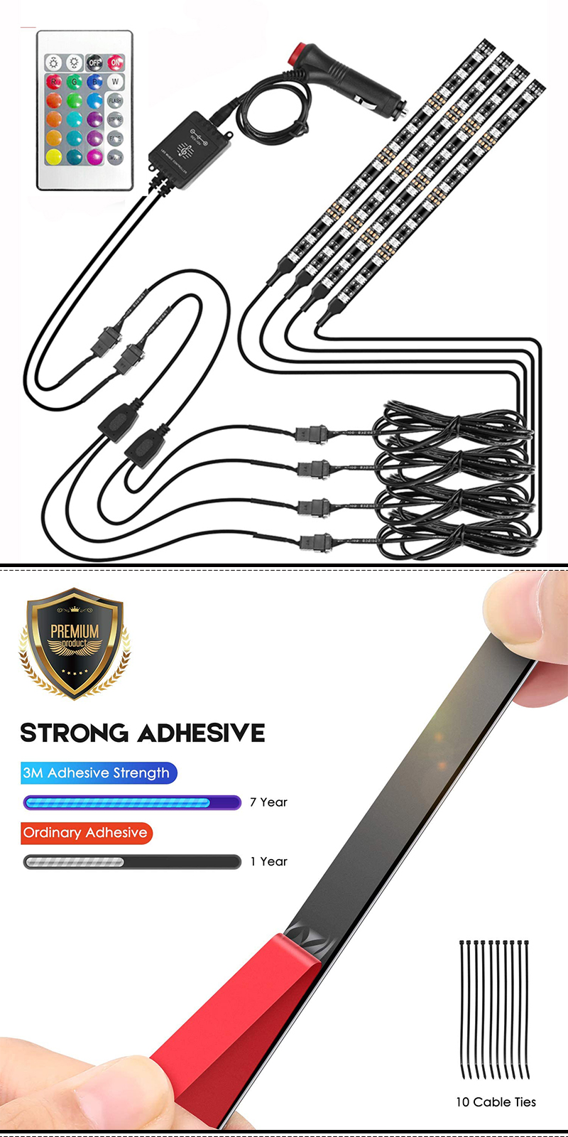12V Lighter Plug for Automotive Inside RGB Color Changing Car Interior LED Strip Ambient Light