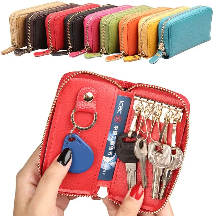 Dompet uang multifungsi dompet gantungan kunci tempat kartu asuransi kecil dompet pinggang kulit asli untuk kunci