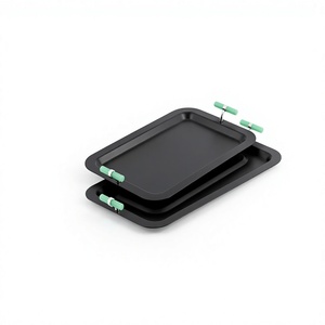 Matte <b>Black</b> Serving <b>Tray</b> Set Rectangular Metal <b>Decorative</b> Platter Green Resin Handle Coffee Tea Food Serving <b>Tray</b> 2 Piece - Product Image 1