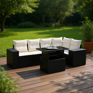 Conjunto de Sofá de Jardín de Ratán Negro con Cojines Crema, Muebles de Exterior de Diseño Contemporáneo, Resistentes al Agua y a los Rayos UV, Material PE - Product Image 2