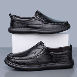 Men Summer Breathable Slip-On Loafers Round Toe Genuine Leather <b>Rubber</b> Sole Solid Color Casual Driving Shoes - Product Image 2