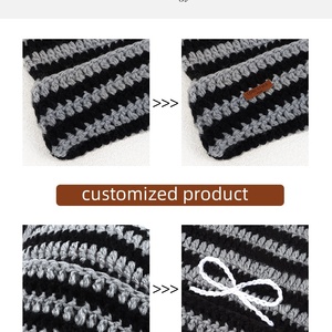 Tùy Chỉnh Ma Quỷ Sọc <span class=keywords><strong>Beanie</strong></span> <span class=keywords><strong>Hat</strong></span> Với Dễ Thương Mèo Tai Sừng Dệt Kim Mũ Len 100% Bông Mùa Thu Slouchy Beanies - Product Image 5