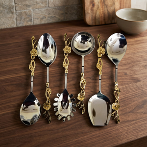 Ensemble de cuillères de service de luxe en acier inoxydable avec manches décoratifs en forme de vigne florale dorée, ustensiles de table décoratifs pour la restauration et les cadeaux - Product Image 3