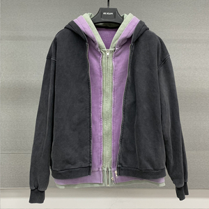 Sweat à capuche zippé épais en coton French Terry délavé, double capuche, triple couche, effet délavé à l'acide - Product Image 6