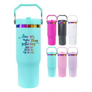 แก้วน้ำพกพาแบบมีหลอดดูดพับได้ ขนาด 30 ออนซ์ สีชมพูร้อน ลายรุ้งเคลือบเลเซอร์ สำหรับงานซับลิเมชั่น - Product Image 1