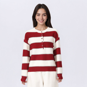 Womens <strong>Woolen</strong> Stripe Knitted <strong>Tops</strong> 100% Wool Elegant Crew Neck Knitted Pullover with Elastic Ribbed Hem - Product Image 2