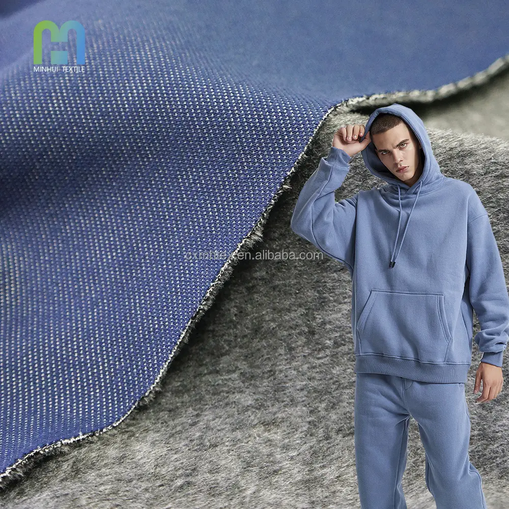 Hot sale 2024 one side brushed fleece twill fabric roll cotton polyester spandex denim fabric for boys hoodies&sweatshirts