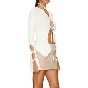 Maglieria bianca in <span class=keywords><strong>cotone</strong></span> autunnale personalizzata maglione corto donna Cut-out donna <span class=keywords><strong>Cardigan</strong></span> 2023 - Product Image 2