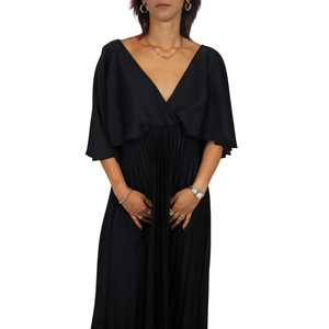 Robe pour femme, lilas, plissée, mi-longue, col en V, manches cape, élégante, pour soirée - Product Image 4