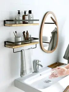 Formato XL marrone chiaro in legno mensola da parete Set di stoccaggio 2 bagno galleggiante mensole con portasciugamani per uso domestico camera da letto