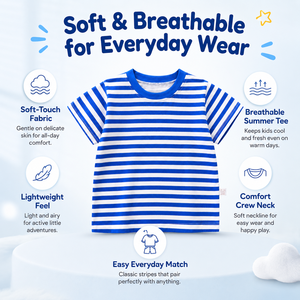 T-shirt a Righe in Cotone per Bambini, Manica Corta, Girocollo, Estivo, Casual, per <span class=keywords><strong>Ragazzi</strong></span> e Ragazze, <span class=keywords><strong>Abbigliamento</strong></span> Trendy per Bambini all'Ingrosso - Product Image 5