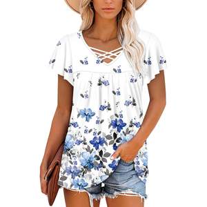 2025 túnica de talla grande XL para mujer, blusa informal con cuello en V, decoración de encaje de manga corta Floral blanca B0DX638J6D 5x3x0,1 pulgadas - Product Image 3