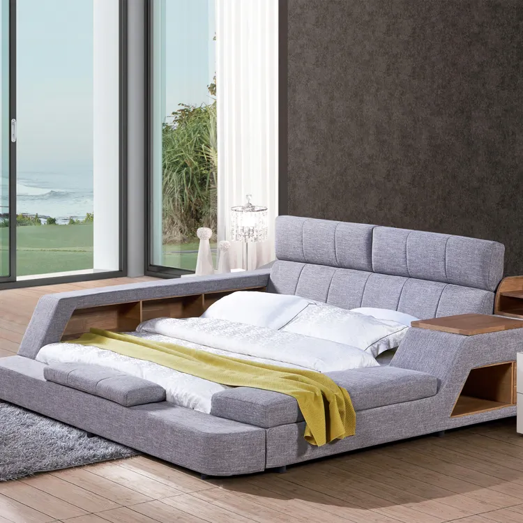 De alta calidad de lujo loft grande moderno reina solo multi función de la tela de lino con cama doble con almacenamiento de madera y muebles de cajón