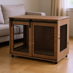 Mobilier pour chien : Grand enclos pour chien avec porte coulissante style grange, 39 pouces, en bois de noyer brun, pour salon, style moderne - Product Image 2